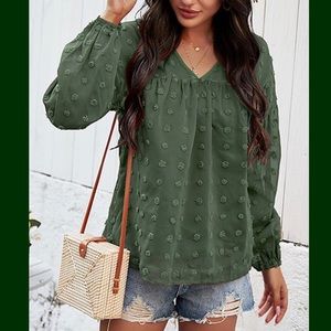 Hunter Green V-Neck Swiss Dot Long Sleeve Top